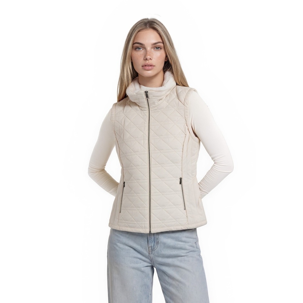 Calvin Klein Puffer Vest Women's Size Large Ivory Quilted Faux Fur Trim Pockets